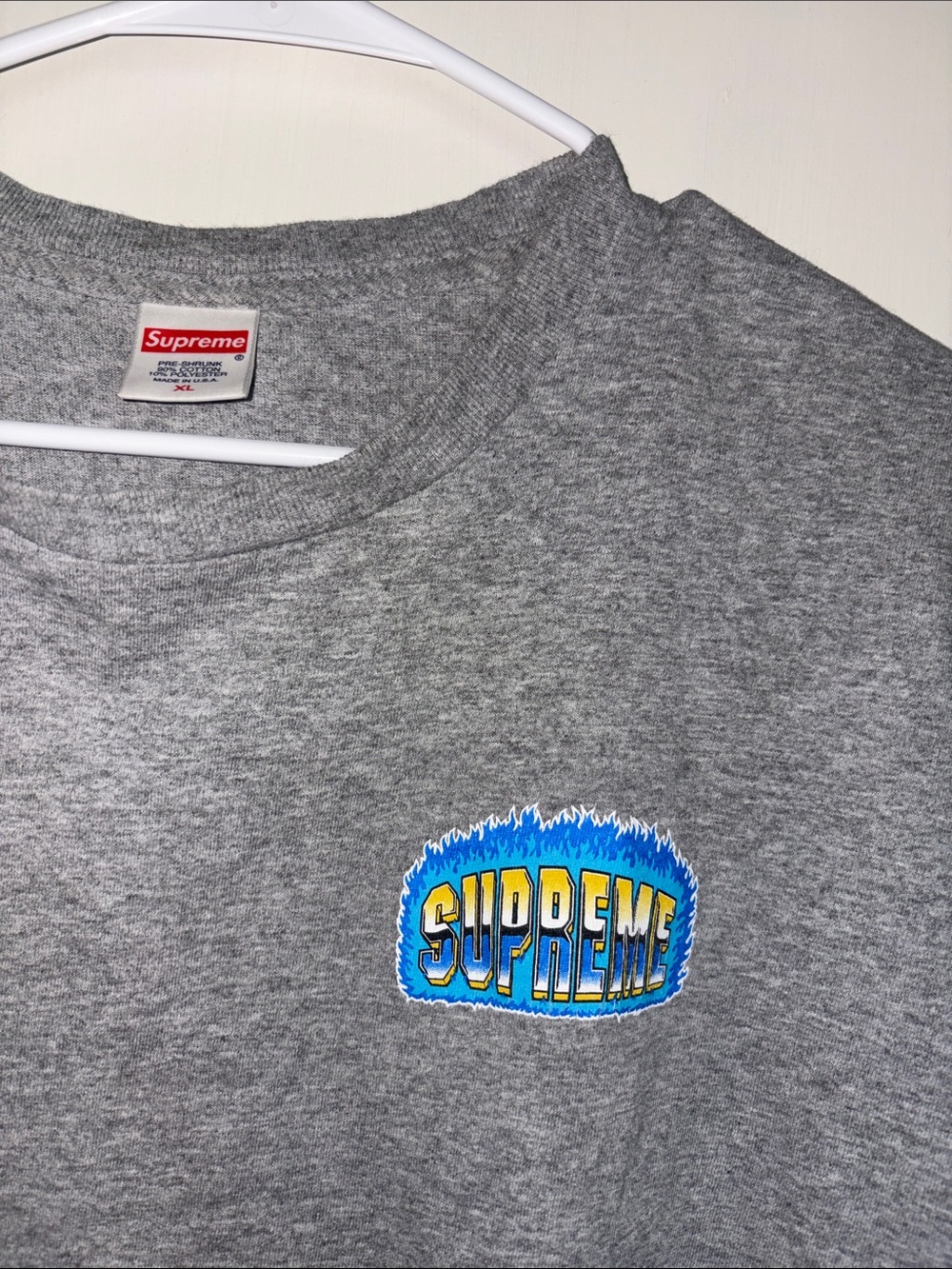 Supreme Chrome Tee Heather Grey FW20 Blue Flame Logo T-Shirt